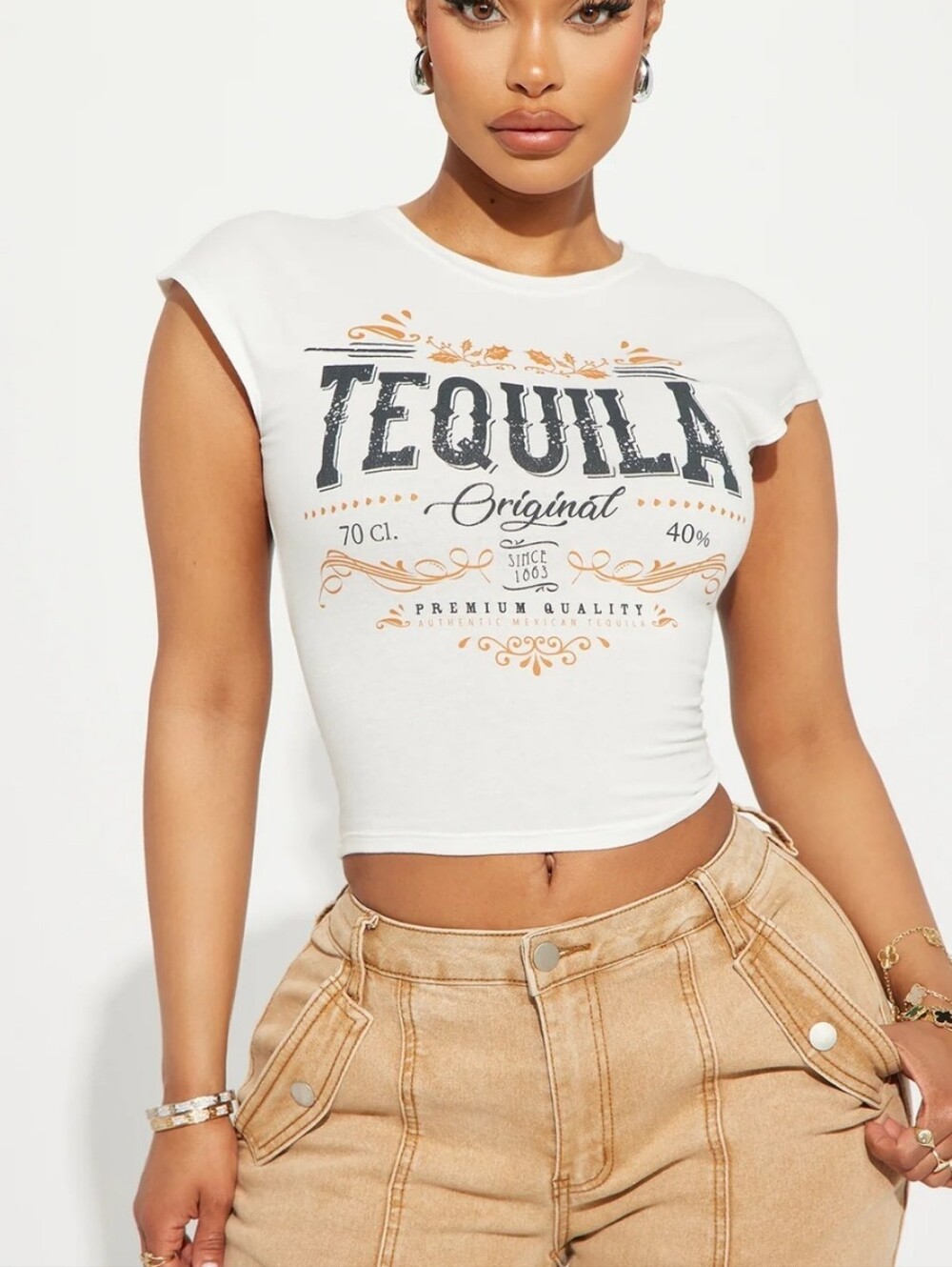 Fashion Nova White Tequila Graphic Crop Top